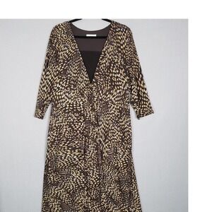 Windsmoor Elbow Sleeve Midi Dress Brown  Abstract Animal Print Pleated Front XL